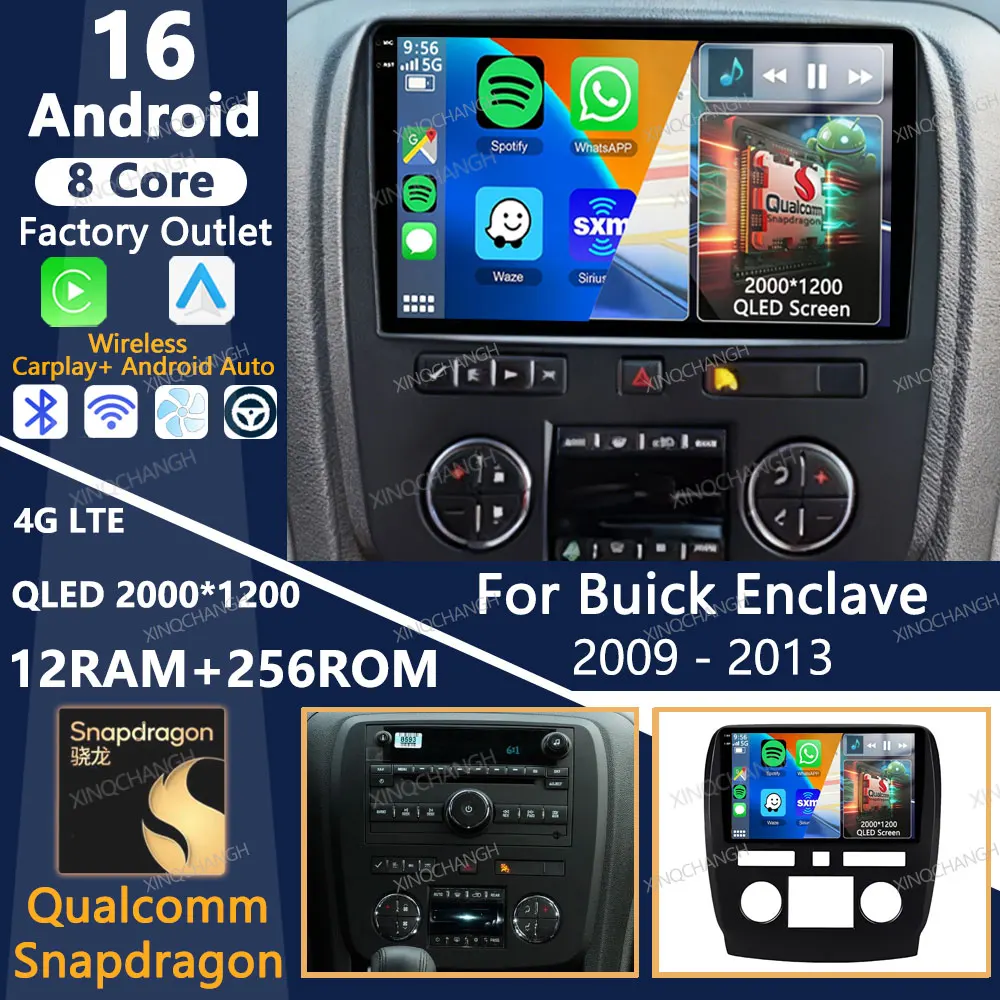 Radio para Auto con Android 16 para Buick Enclave 2009 2010 2011 2012 2013, GPS Qualcomm, 4G LTE, 5G WIFI, Carplay, Pantalla QLED 2DIN, Unidad Principal con Bluetooth