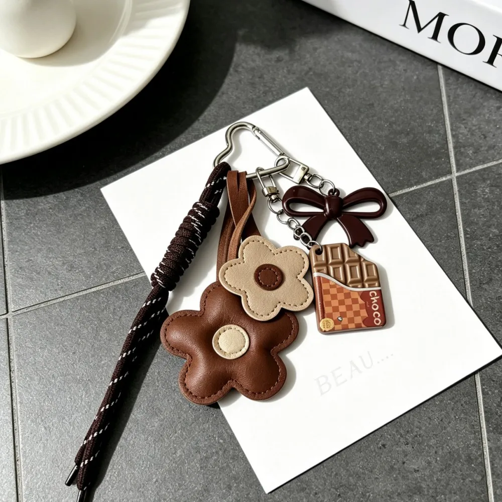 Flower Leather Bag Charm Keychain, Braided Cord & Acrylic Chocolate Bow, Cute Food Floral Accessory for Women Girls image 4