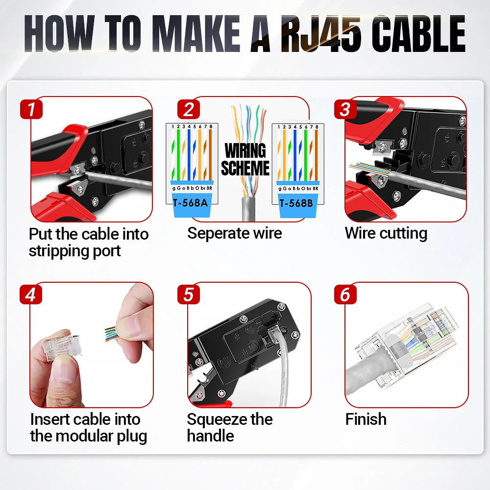 Ferramenta de crimpagem Ethernet para cabos de rede LAN AMPCOM RJ45 , alicate para crimpagem, corte e decapagem 8P RJ45 6P RJ12 RJ11, para conector