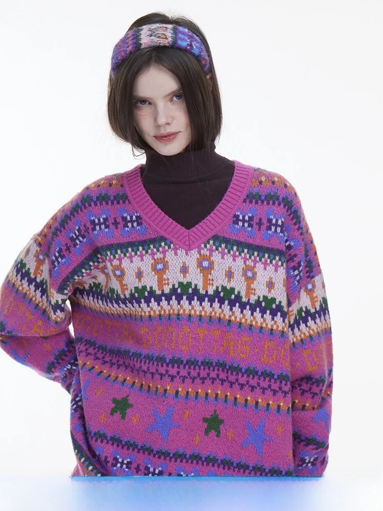 

Женский свитер DNT в стиле ретро с узором Fair Isle, V-образный вырез, свободный крой, вязаный, зимний, новый, комфортный, мягкий, средней плотности, с длинными рукавами