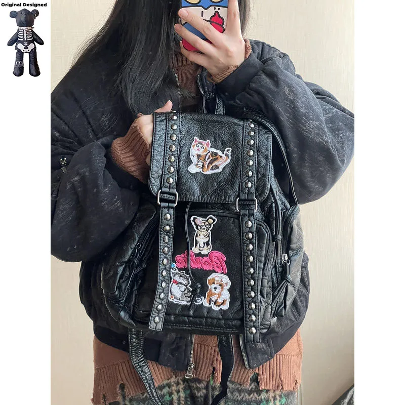 Donna uomo Y2K Style Skull Punk Chain borse a tracolla zaino in pelle Harajuku Rivet Ladies Student Leisure zaini borse