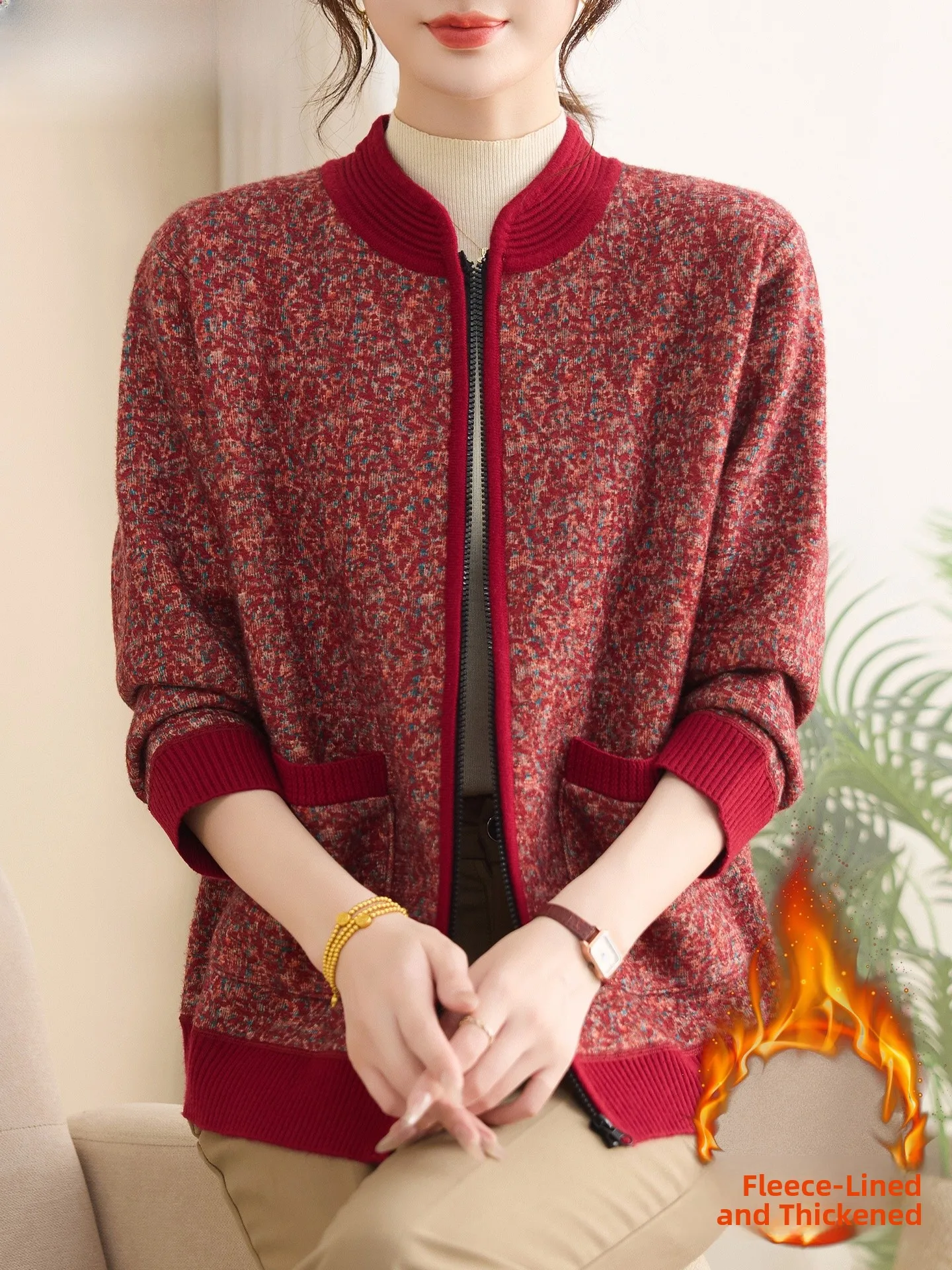 

Thiened Fce Knitted Open Cardigan Coat for Mom And andma Autumn Winter Women's Faion Loose Fit Breathable Warm Sweater