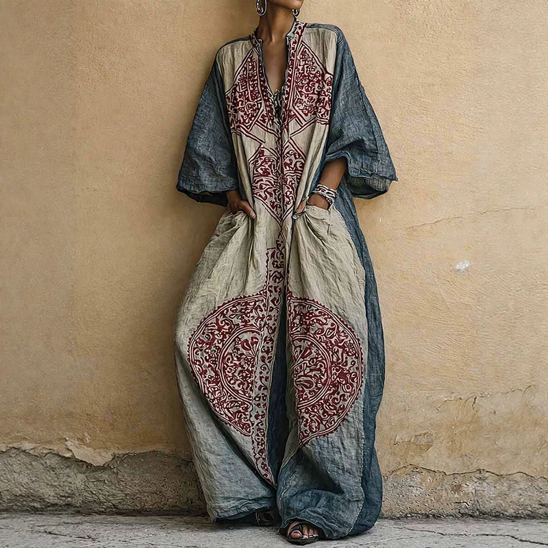 Women's Casual Wide Leg Pocket Bohemian Romper Fashion Ethnic Print Loose Playsuit Elegant V Neck Half Sleeve Vacation Jumpsuit