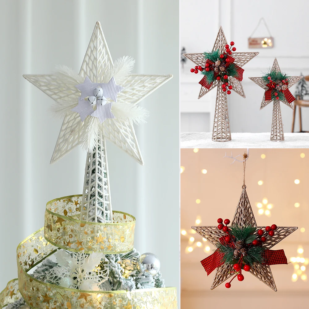 

Glitter Christmas Tree Topper Five-Pointed Star Ornaments Xmas Tree Pine Cone Pentagram Topper Decor Navidad New Year Home Party