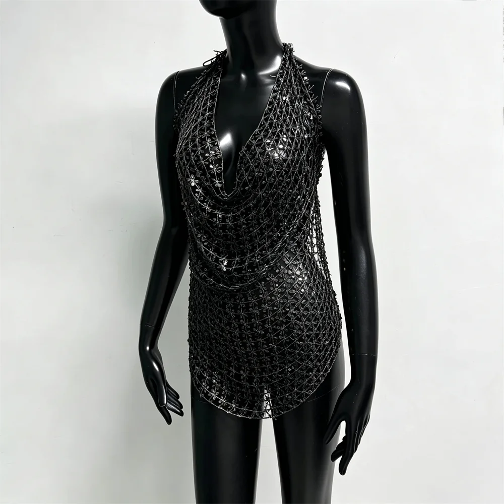 Damen Glänzendes Acryl-Pailletten-Top mit Ausschnitten, Sexy Tiefer V-Ausschnitt, Rückenfreies Neckholder-Oberteil, Durchsichtiges Strand-Party-Top – Detail 17