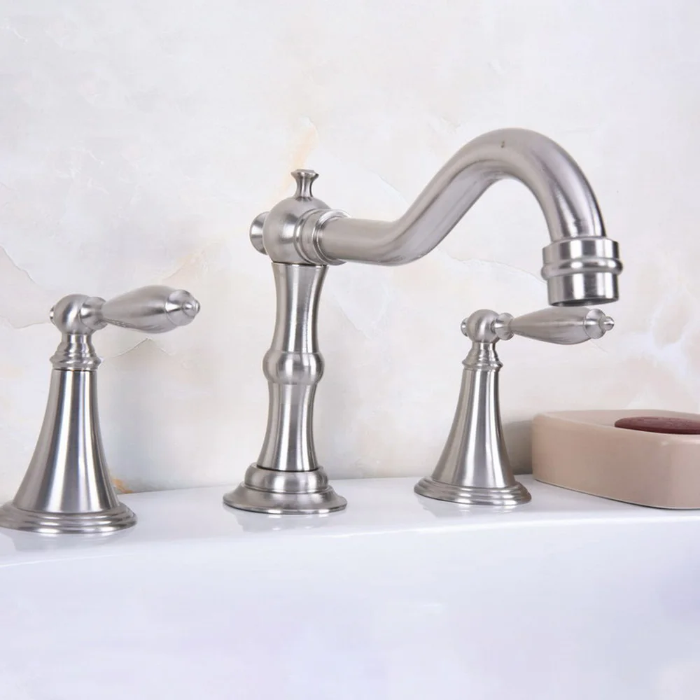 Brushed Nickel Deck Mount Dual Handles Basin Faucet 3pcs Bathroom Lavatory Washbasin Mixer Tap Bbn018