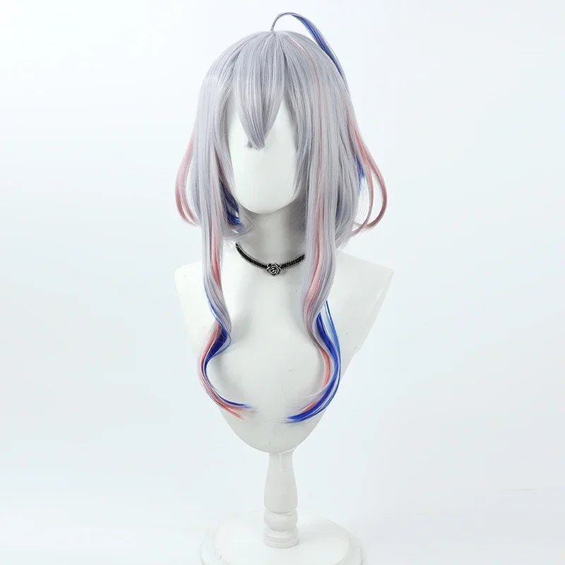 Vtuber Amane Kanata cosplay wig 55cm silver blue mixed pink heat resistant synthetic hair Halloween role play free wig cap