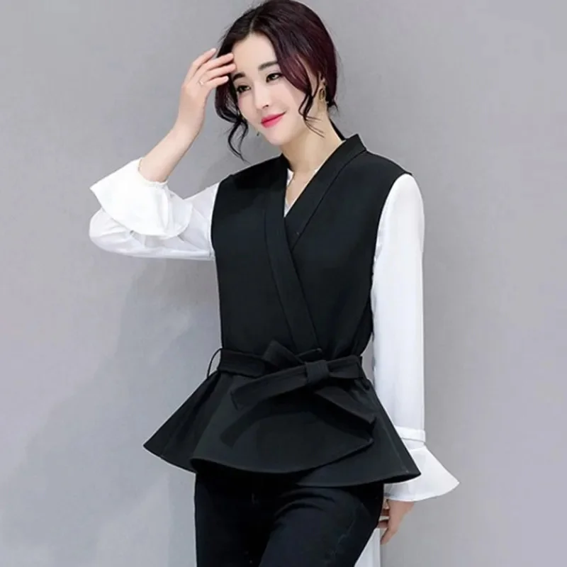 Women's Waistcoat New Spring Autumn Women Vest Korean Lace Up Ruffled Edges Sleeveless Jacket Ladies Sleeveless Coat