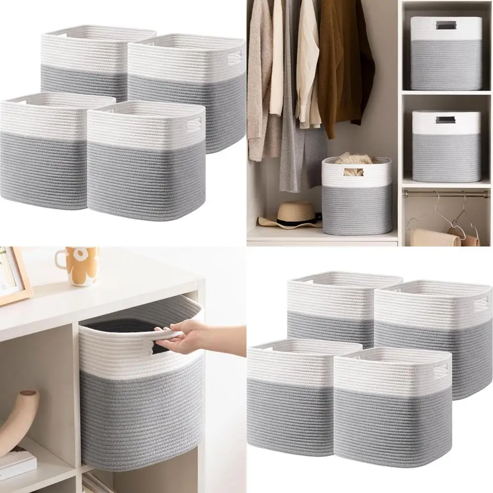 

4-Piece Cotton Rope Storage Baskets, 13 Cube Organizers with Handles, White/Grey for Shelves, Toys, Books