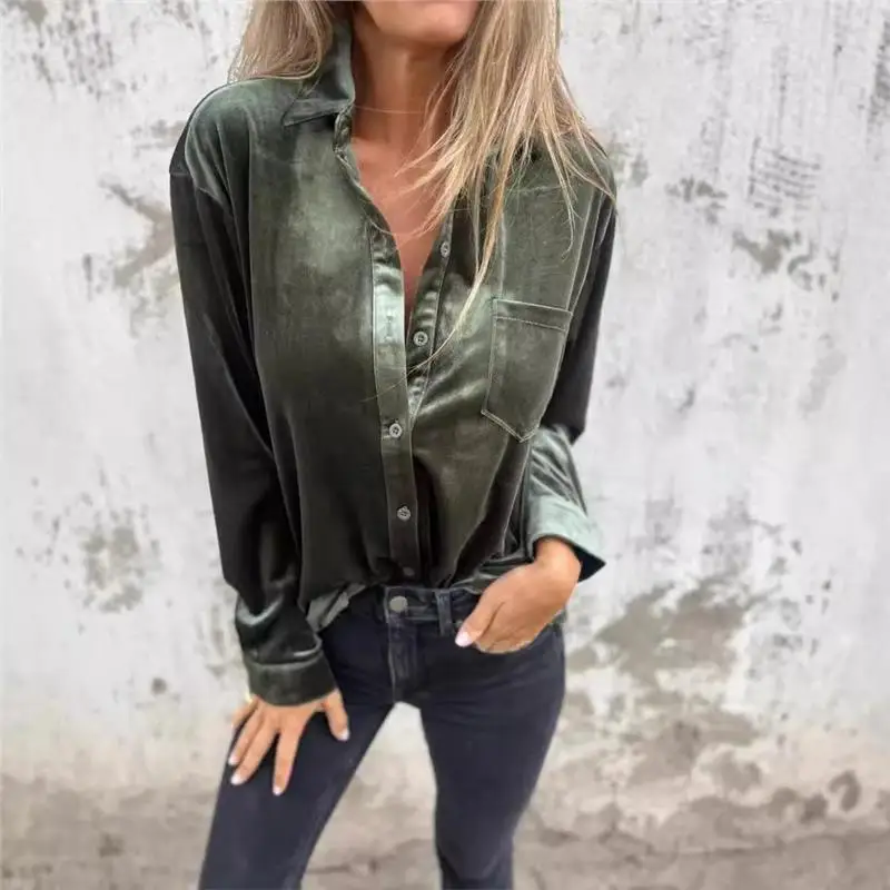 เสื้อเวลเวทใหม่สำหรับผู้หญิง ทรงหลวม แขนยาว เสื้อซับใน รุ่น Ele Sle Independent Station Chief กระดุมเดี่ยว อเนกประสงค์