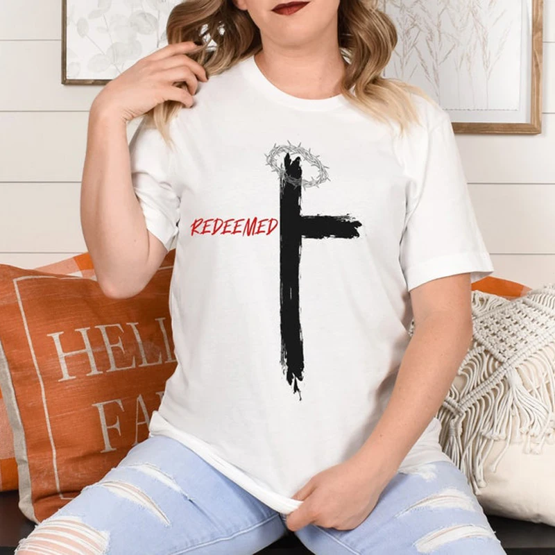 Redeemed Slogan T Shirt Crosses Printing Tee Female Casual Tops Custom Top Christian Aesthetic Clothing