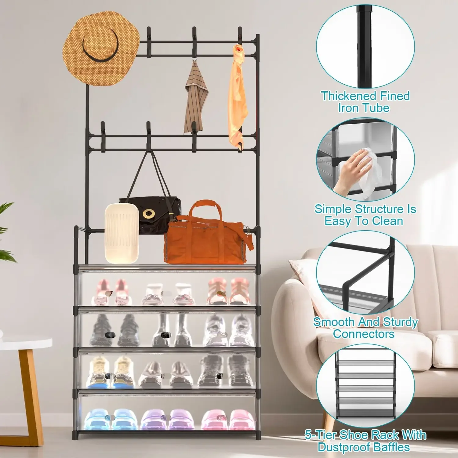 5-Tier Dustproof Hall Tree: Coat Rack, Shoe Rack, 8 Removable Hooks, Freestanding Storage Shelf, Hat & Clothes Organizer