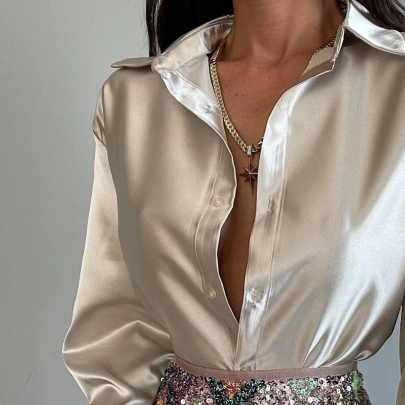 Ele Slim Fit Long Sve Button up Satin irt Women's Street Sle V Ne Pure Color Faionable Busin Casual Top