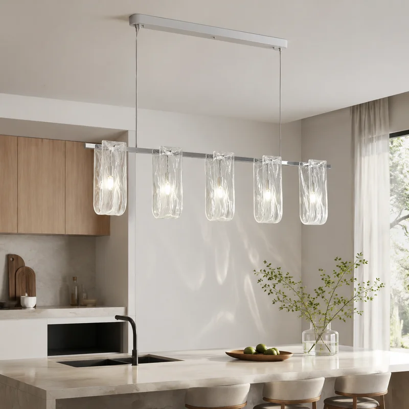 Modern French Sculptural Textured Glass U Shaped Water Ripple Suspended For Living Room Dining Room Kitchen Island Chandelier