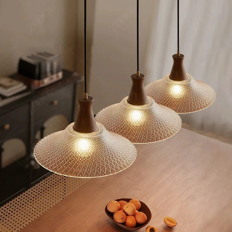 

Винтажная скандинавская деревянная стеклянная светодиодная люстра для ресторана, бара, прикроватная лампа, японский подвесной светильник, кухонный светодиодный подвесной светильник