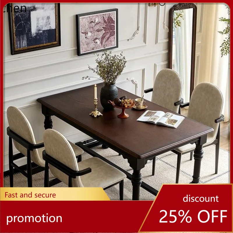 LXC Solid Wood Dining Table and Chairs Vintage Black Rectangular Table Living Room Home Dining Table High-end