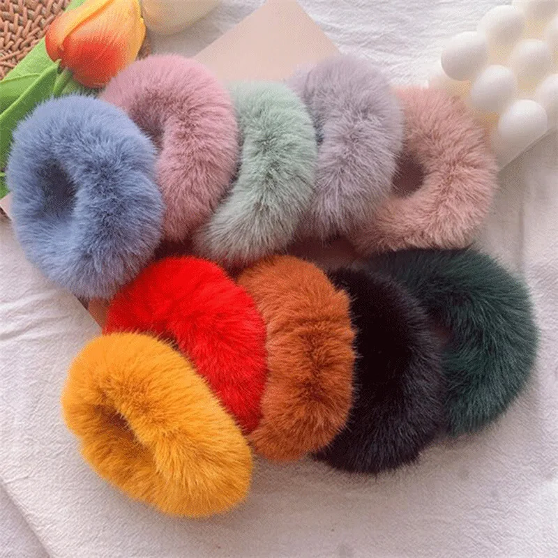 Scrunchies coloridos de pele imitada para mulheres fofo, quente, elástico, faixa de cabelo, pelúcia, corda de cabelo, penteados, outono, inverno, atacado