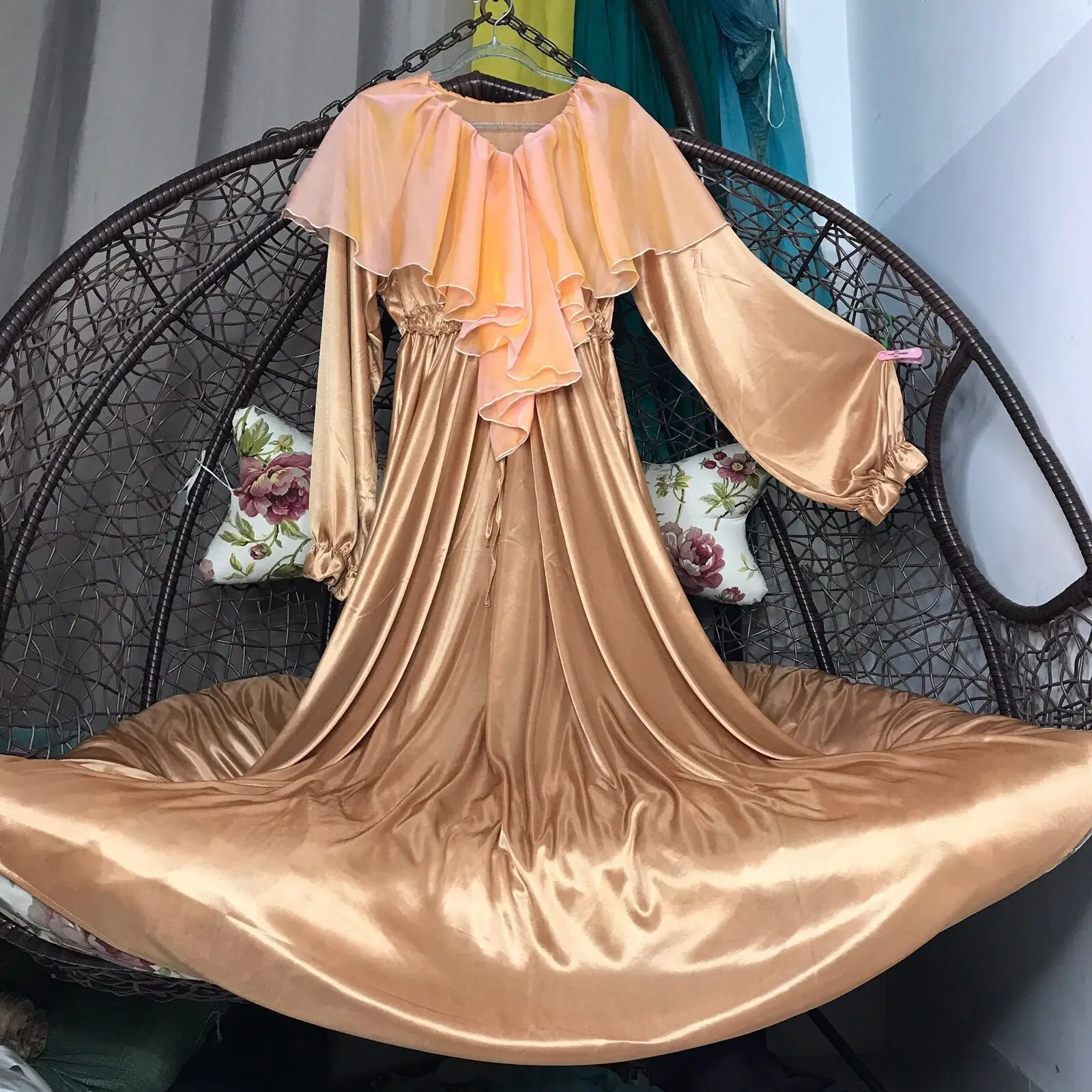 

Glossy Women Ruffles Satin Mesh Long Sleeve Dress Loose Maxi Dress Plus Size Sleeping Pajamas Robe