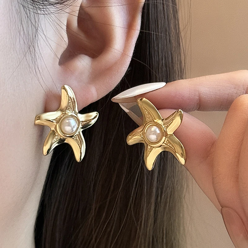 ANENJERY 316L Stainless Steel Ocean Style Starfish Shell Pearl Stud Earrings for Women Luxury Elegant Crab Jewelry Wholesale