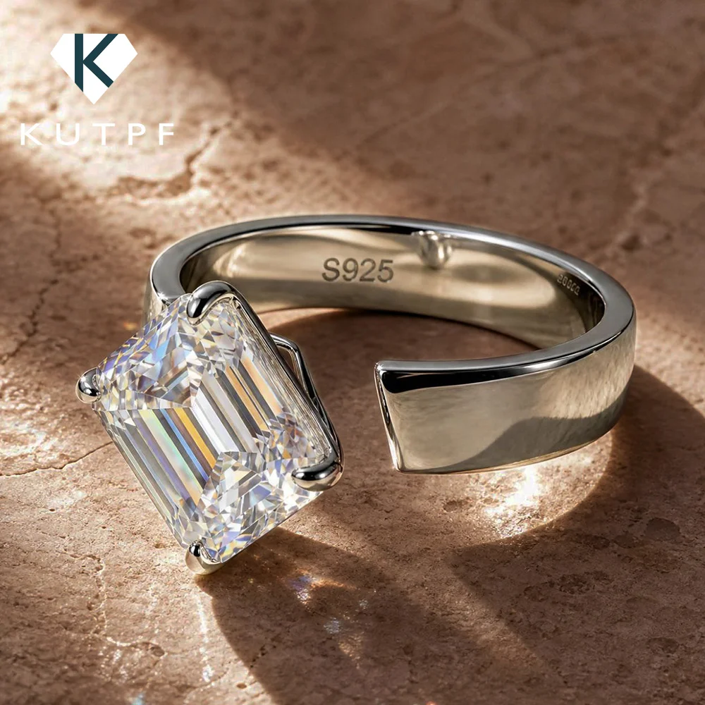 4Carat Emerald Cut Moissanite Engagement Rings for Women S925 Silver Solitaire Diamond Wedding Band with Certificate Open Rings