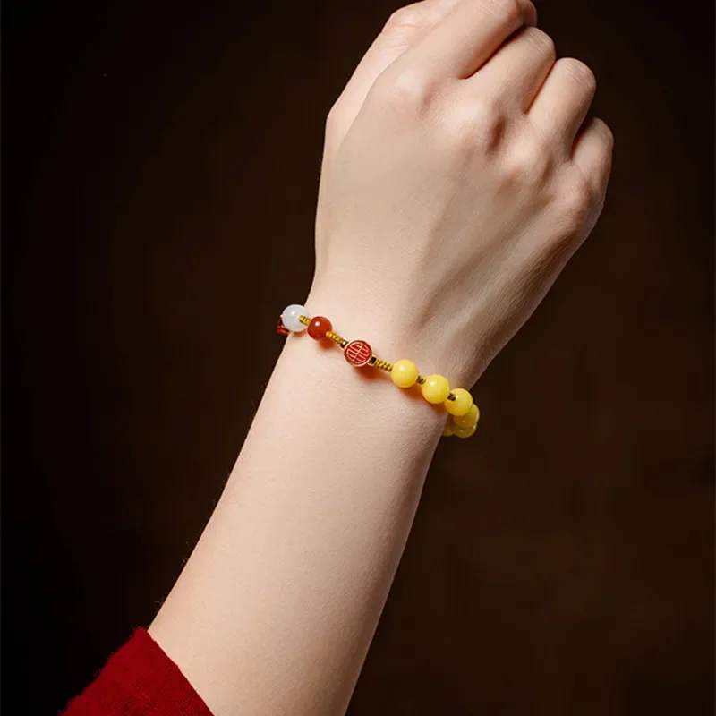 free shipping Yellow beeswax bracelet 8mm braided rope bracelet female Fu Lu blessing hand string Chinese wind Buddha transfer