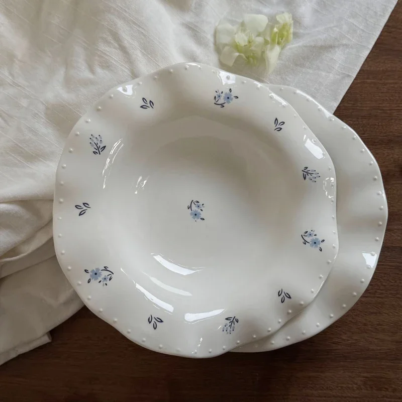 Floral Print Ceramic Plate Wave Edge Durable Round Porcelain Dishes Household Kitchen Yogurt Oats Serving Tablewares Pasta Plate
