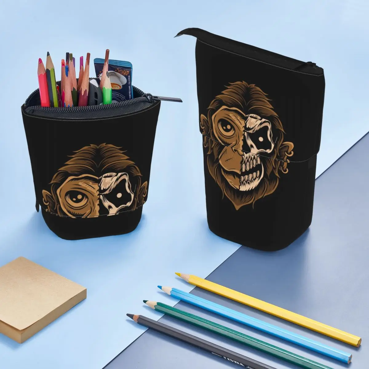 Cabeça De Crânio De Macaco Em Fundo Preto Pen Box Student School Zipper Pen Bag Estojo Lápis Retrátil Vertical