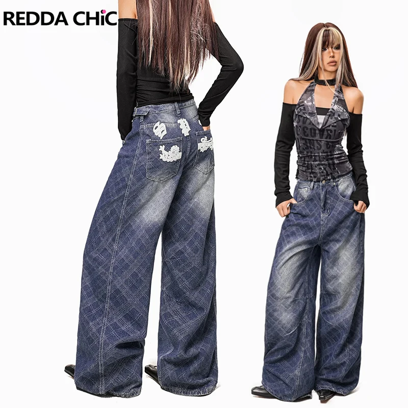 

REDDACHiC Women Checkered Barrel Jeans Vintage Distressed Graphic Print High Waist Wide Leg Pants Casual Korean Y2k Streetwear
