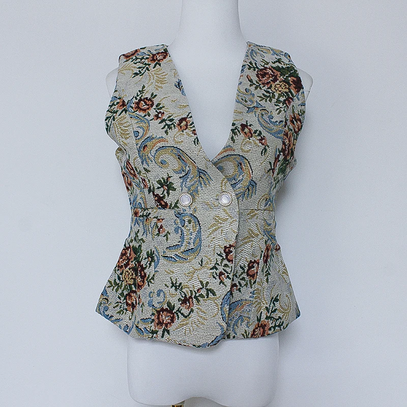 Design  Double breasted Jacquard Vest Women's Short 2024 Spring New Chinese Retro Waist Sleeveless Vest Trendy
