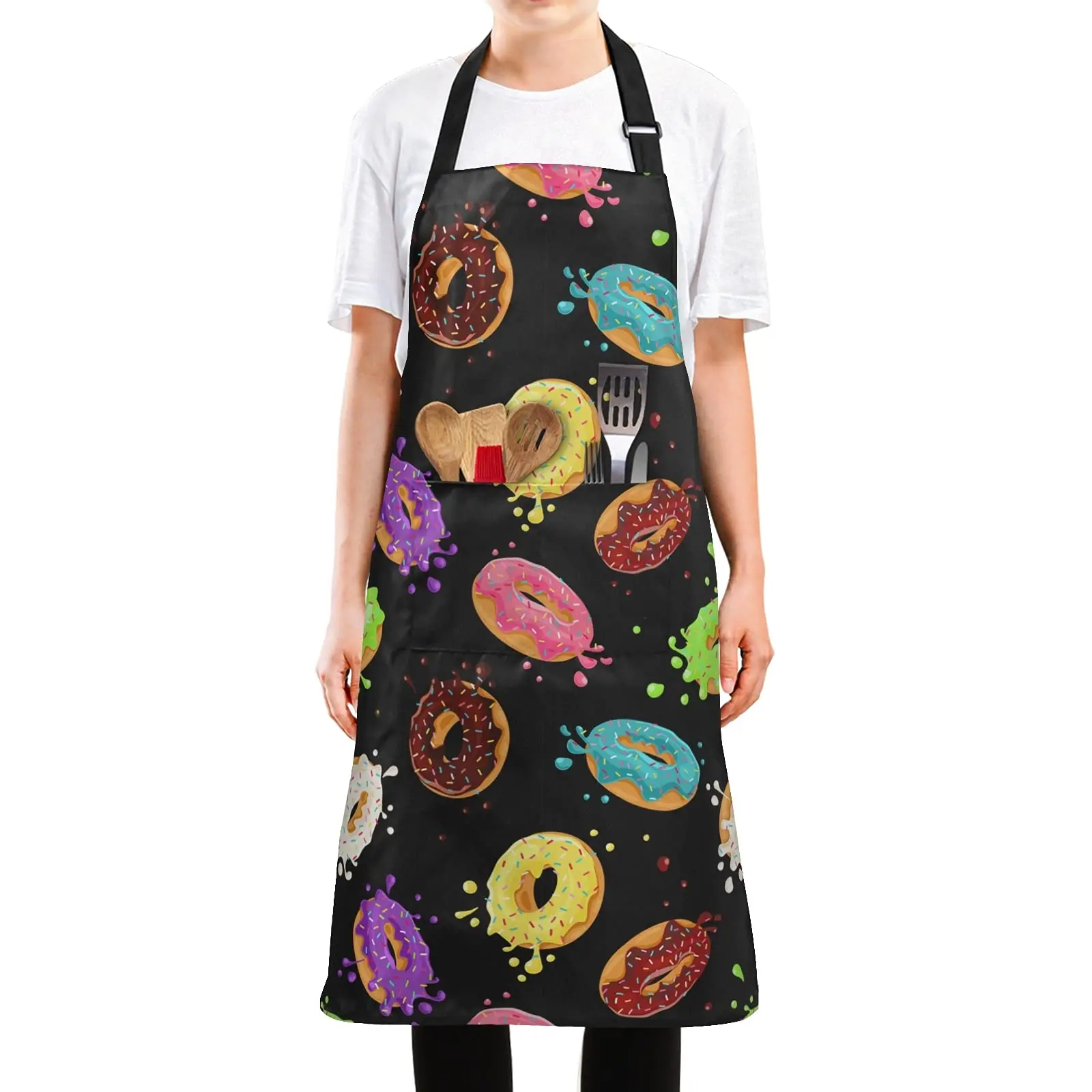 Macaron Donuts Black Wash Dishes Waterproof Apron with 2 Pockets for Mother Girlfriend Father