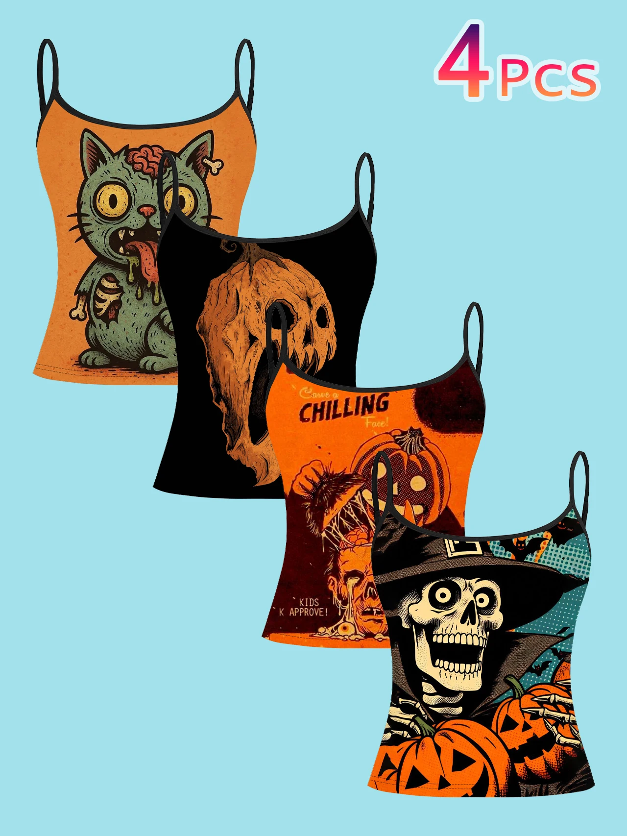 4-Piece Set of Vintage Comic-Style Halloween Women's Camisoles: Zombie Cat, Withered Pumpkin, Horror Poster, Skeleton, Wizard, Pumpkin Print, Slim-Fit Spaghetti Strap Short Camisole Tops
