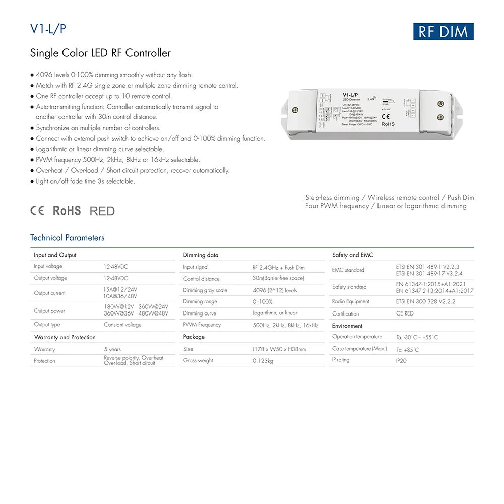 Skydance V1-L/P DC12-48V 2.4 جيجا هرتزRF + دفع خافت للإرسال التلقائي/المتزامن 0-100% يعتم تحكم لشريط LED أحادي اللون