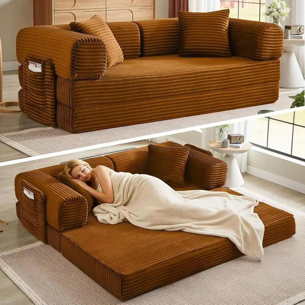 Oversized Corduroy Sectional Sofa with Sleeper, Orange, 81 (Iron Included)