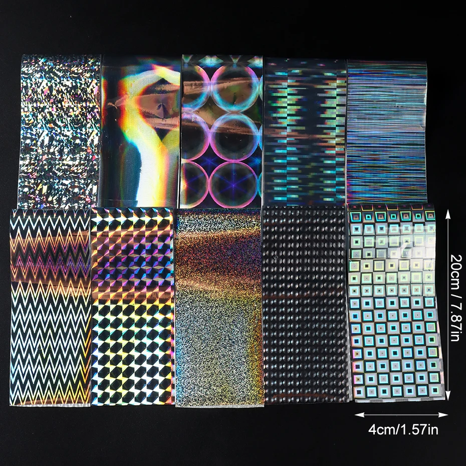 10 stks Holografische Nagelfolie Transfer Nail Art Folies Stickers Iriserende Regenboog Ster Geometrische Aurora Laser Nail Art Decoratie