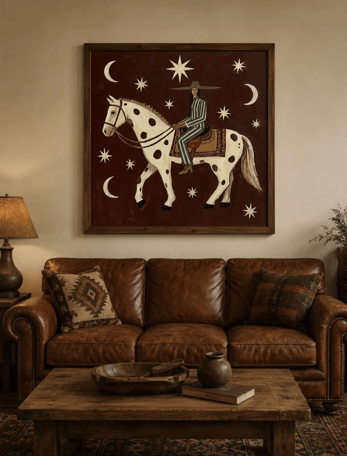 Western Woman Rider Wall Art Canvas Prints, Moon Star Spotted Horse Posters, Vintage Folk Decor for Living Room Bedroom Decor