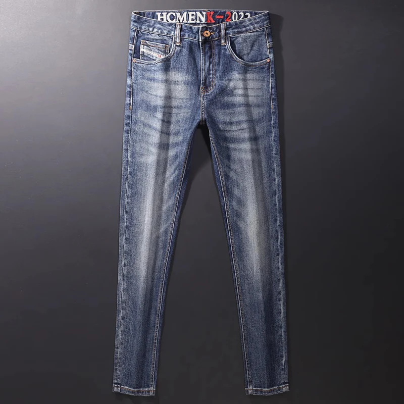 Fashion Designer Men Jeans High Quality Retro Washed Blue Elastic Slim Fit Vintage Jeans Men Embroidery Casual Denim Pants Homme