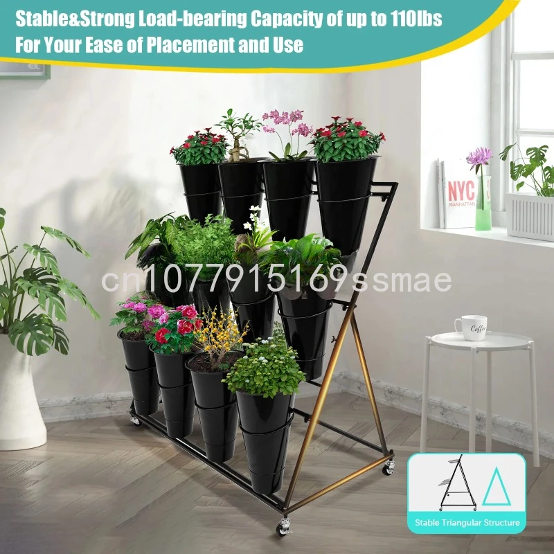 Flower Display Shelf- 12 X Buckets 3 Layers Metal Plant Stand with Wheels Flower Vase Rack Black