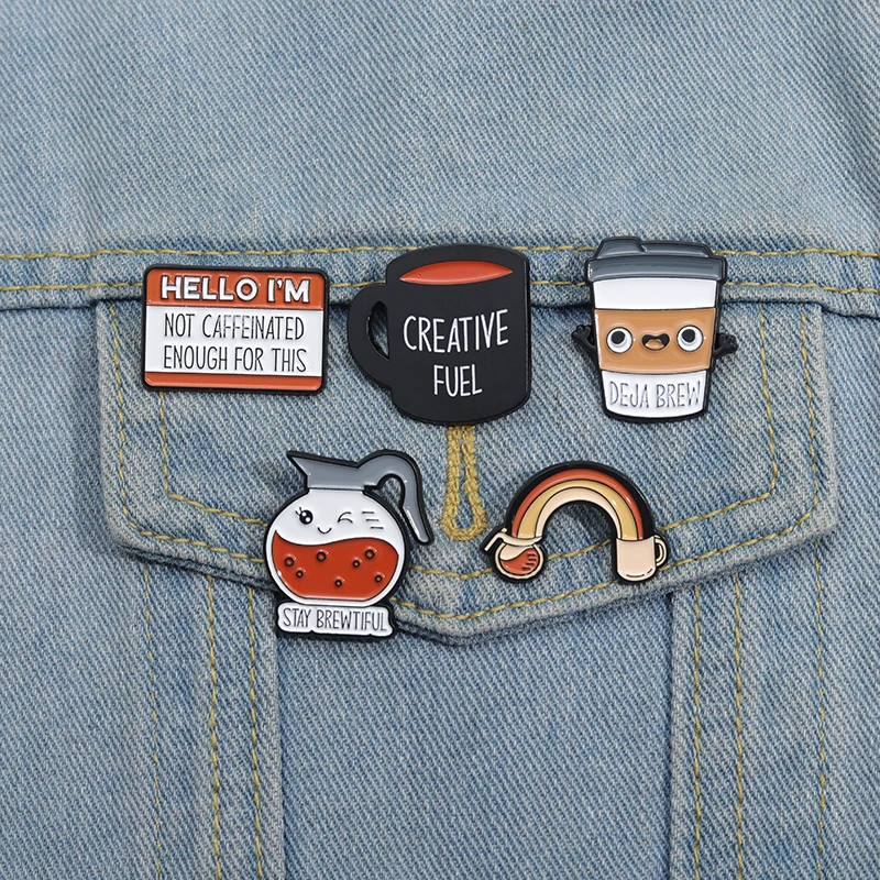 Iced Coffee Enamel Pin Creative Fuel Deja Brew Life Happens Coffee Helps Brooch Funny Lapel Badges Jewelry Gift for Kids Friends