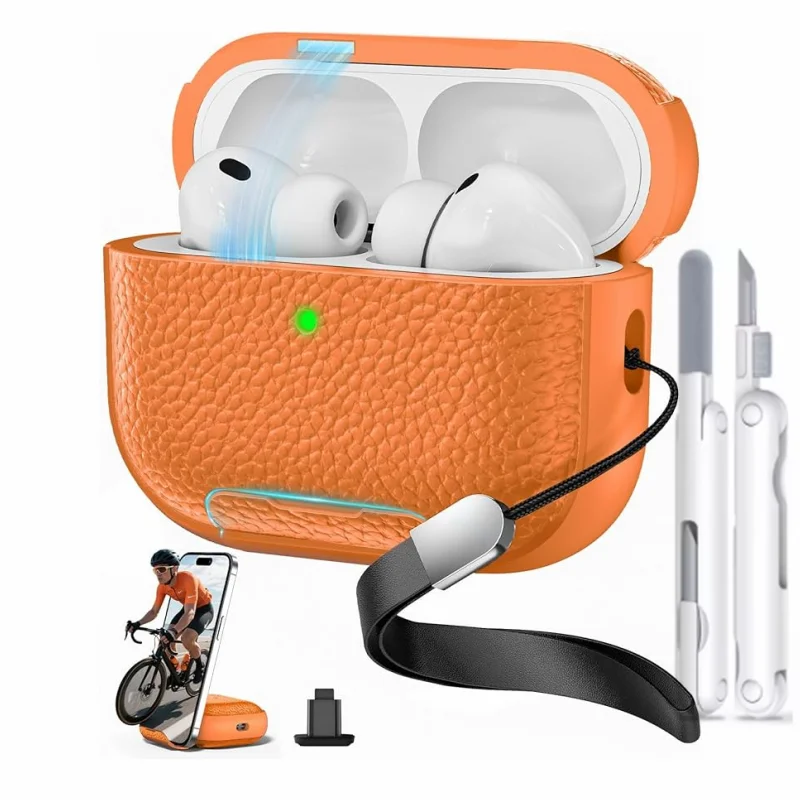 

Magnetic safety lock cover for airpod pro 3 2025 lychee grain leather with lanyard anti-loss skins cover for airpods pro 3rd gen