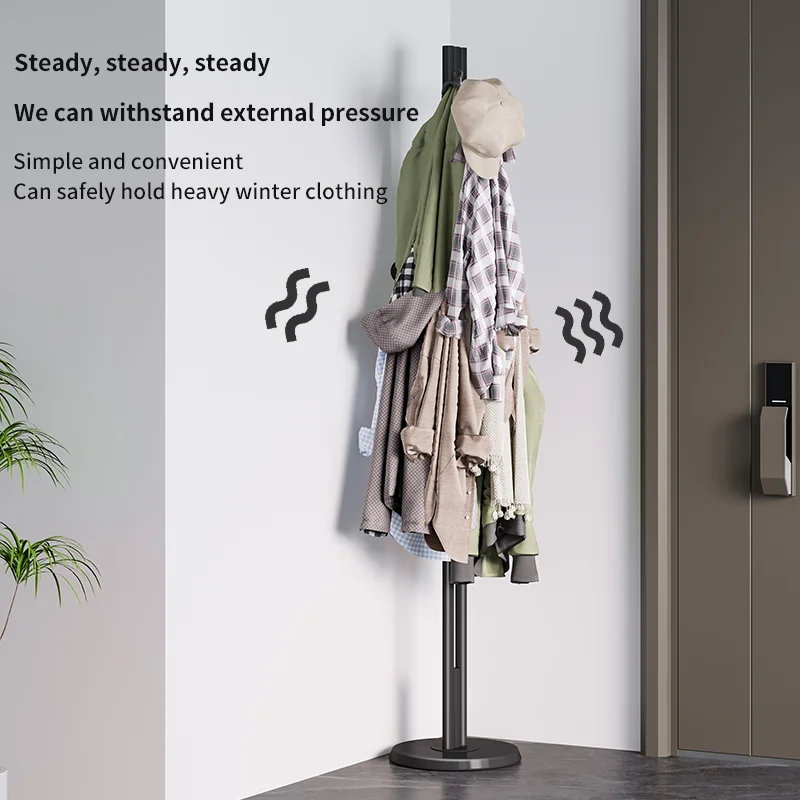 Practical Double Rod Metal Coat Rack Main Floor-Standing Clothes Hanger with Art Display for Living Room
