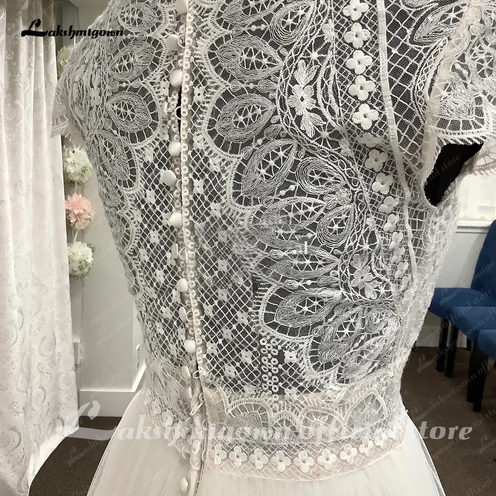 Lakshmigown Kurzarm Spitze Boho EINE Linie Hochzeit Kleid Sccop Neck 2023 Robe Mariage Boheme Brautkleider robe de soirée femme