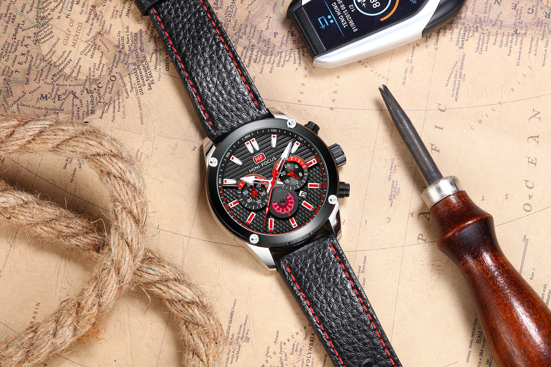 الراقية MINI FOCUS MF0288G ساعات المعصم الفاخرة حزام من الجلد مقاوم للماء التقويم الرجال ساعة كوارتز عادية