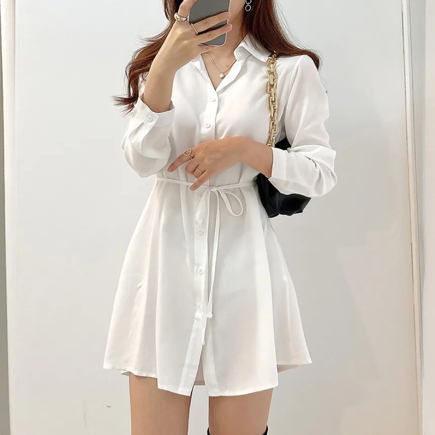 

Chic Spring Mid-Length Sleeveless Long-Sleeve Women's Shirt Dress Belted Waist High Waist Long Strapless Gown Commute Style