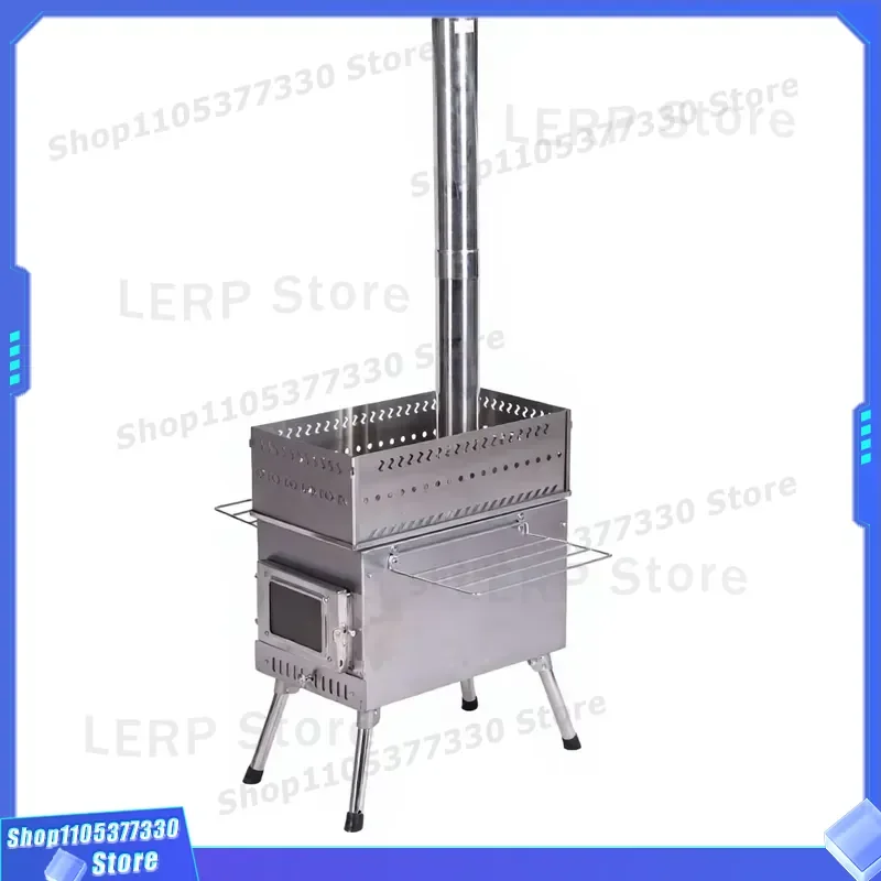 Portable Folding Stainless Steel Wood Stove for 3-5 Person Camping Tent Sauna Picnic Outdoor with Windshield and Lighting