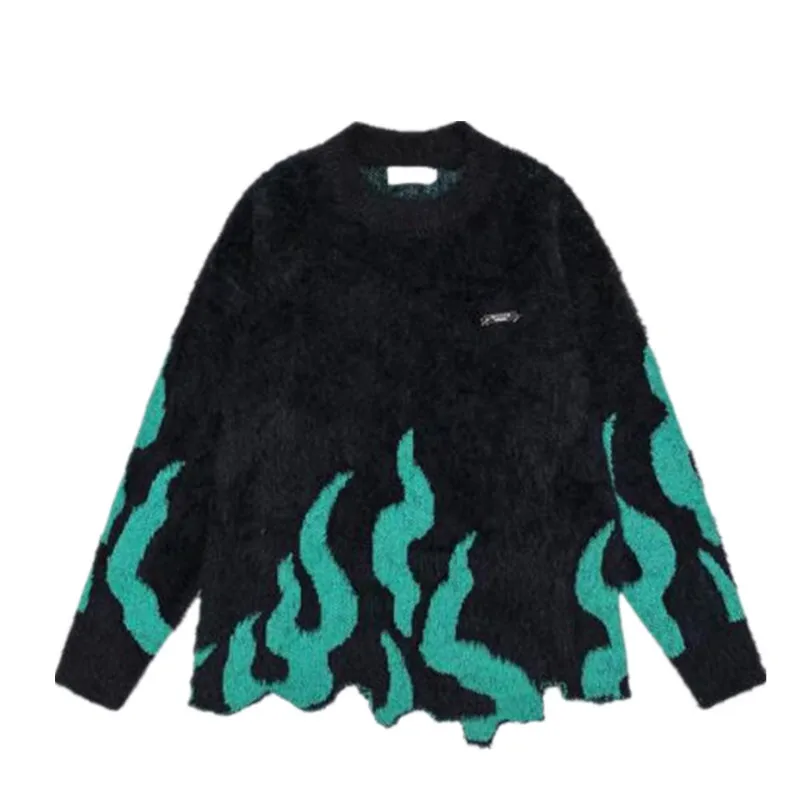 Man Women Sweater American Green Flame Letter Knit Sweater For Men And Women Oversized Hip-hop Couple Pullover