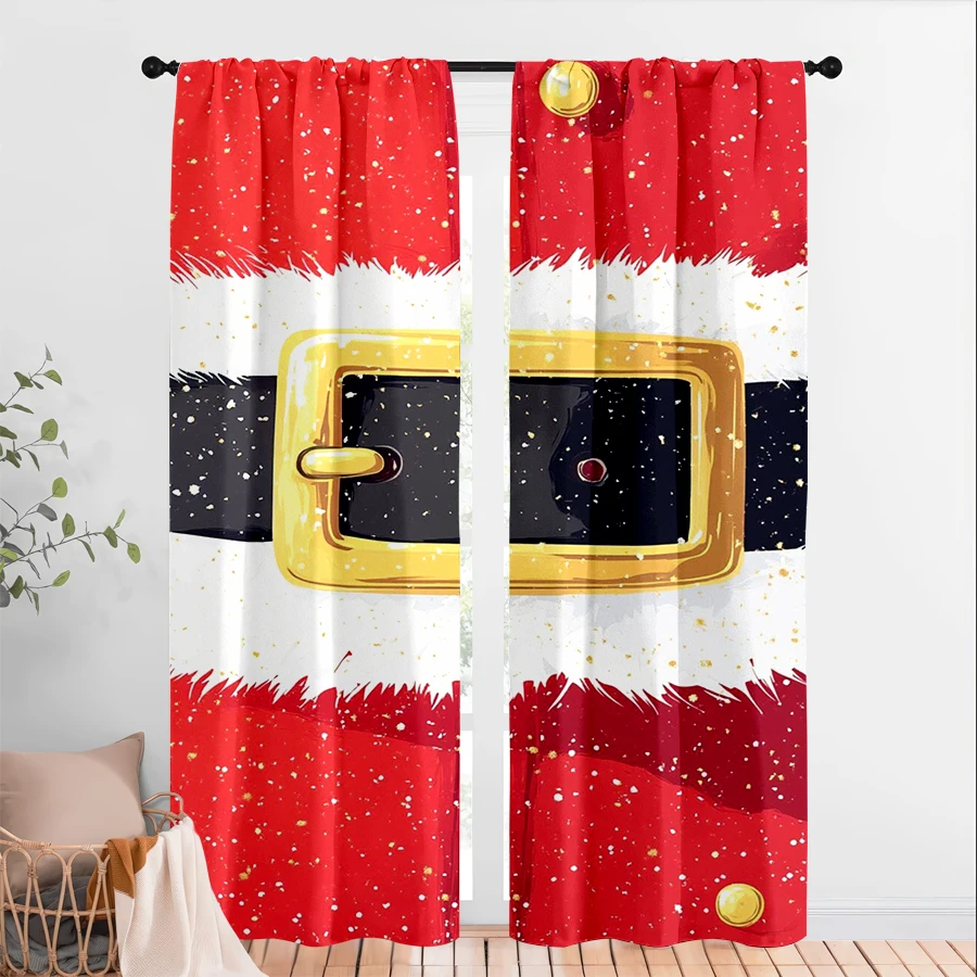 2PCS Christmas Digital Print Curtains, Santa Suit Belt Buckle Design Red Black Gold, Fun for Living Room Bedroom Window Decor