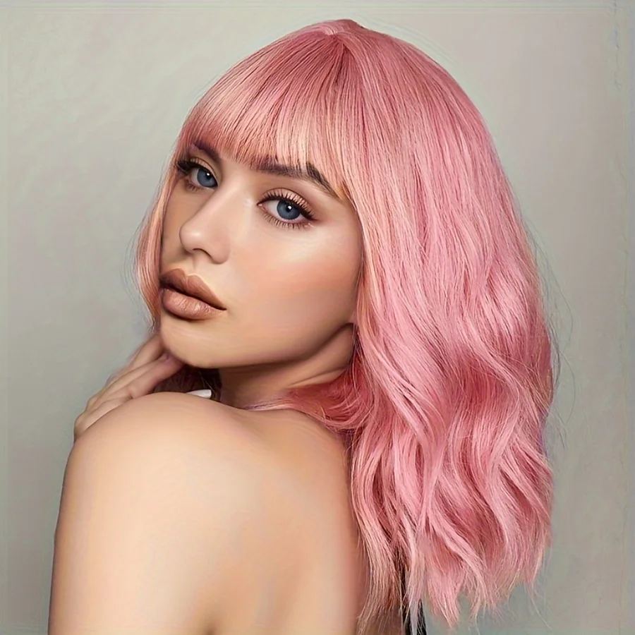 Short Wet and Wavy Scalp Top Full Machine Synthetic Wigs Pink 12inch 180% Density (12inch 180% Density, Pink Color)