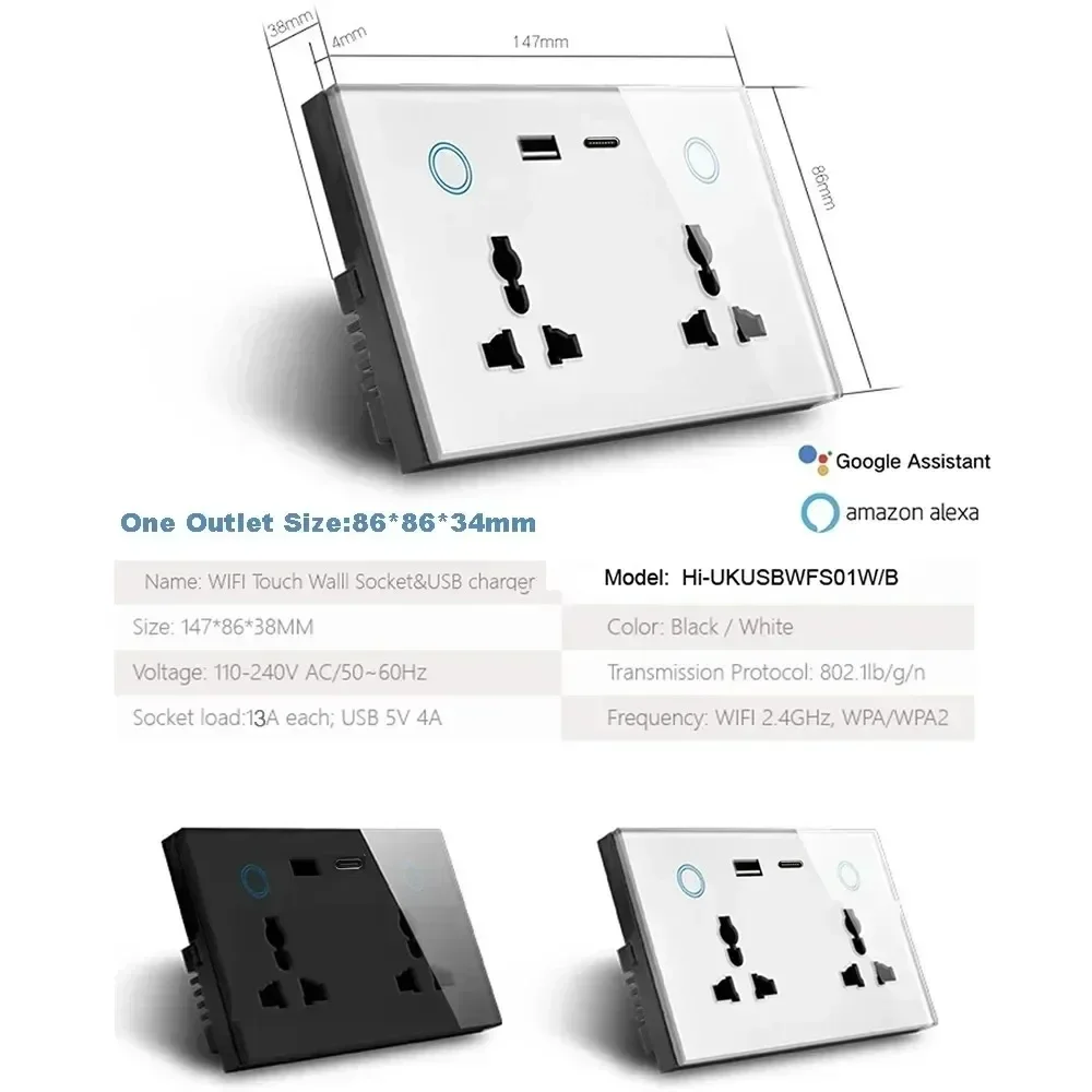 Shawader Tuya Wifi Smart USB Type-C PD 20W gniazdo ścienne uniwersalna wtyczka elektryczna wyłącznik zasilania bezprzewodowy, Alexa Google Home