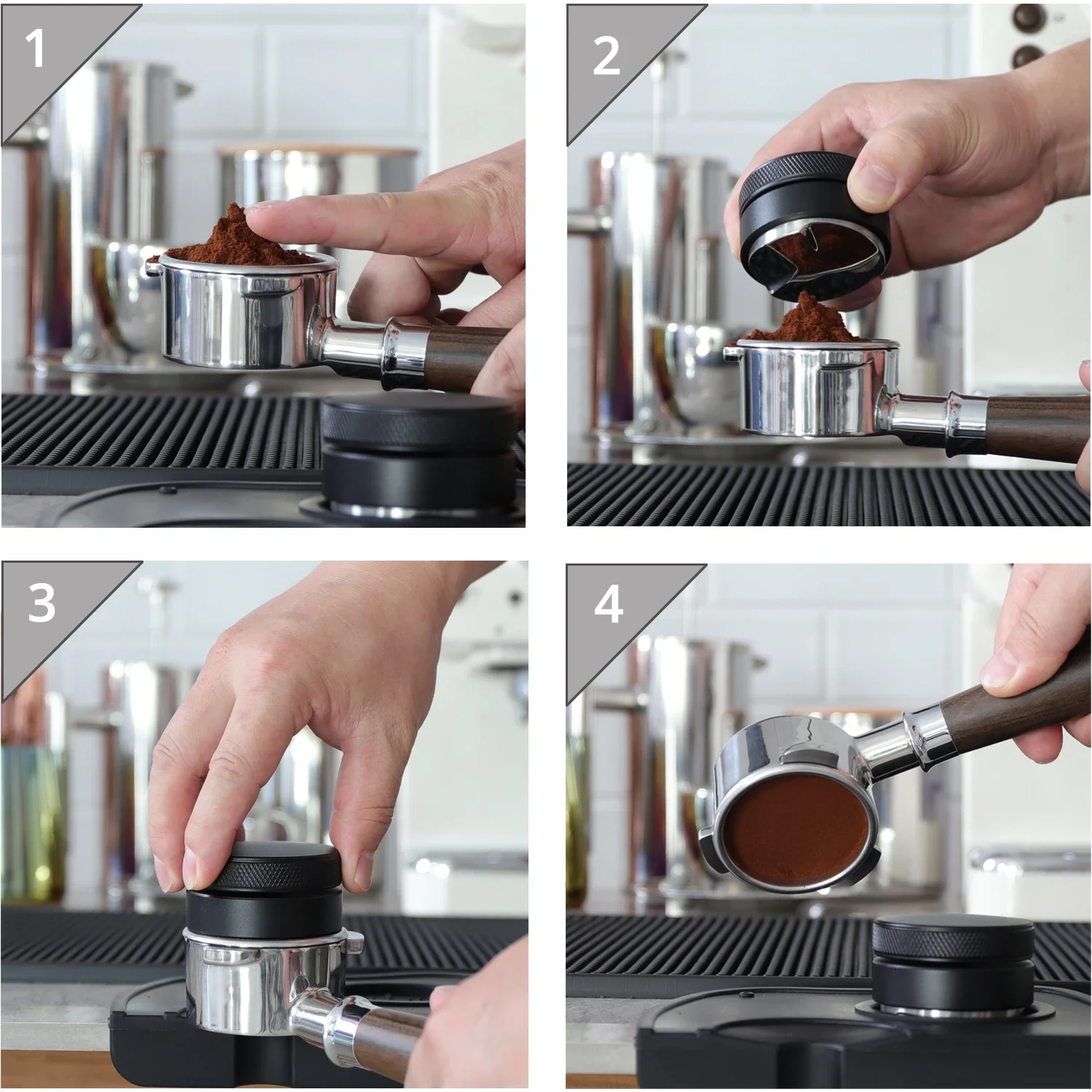 Distribuidor de Café, Ferramenta de Distribuição/Nivelador de Espresso, Tamper de Palma Ajustável com 3 Rampas Anguladas, Compatível com 51/53/58mm