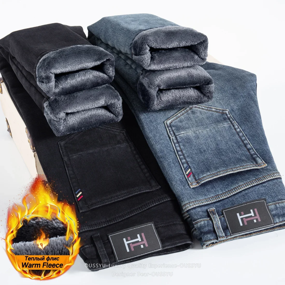 Brand Clothing Winter Warm Fleece Men's Jeans Solid Color Thicked Denim Pants Work Stretch Outdoors Classic Trouser Plus Size 40